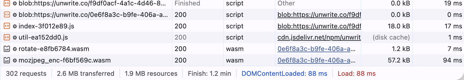 The same Network panel on a cold load, showing rotate.wasm and mozjpeg_enc.wasm arriving at 57.2 kB with cdn.jsdelivr.net as the initiator