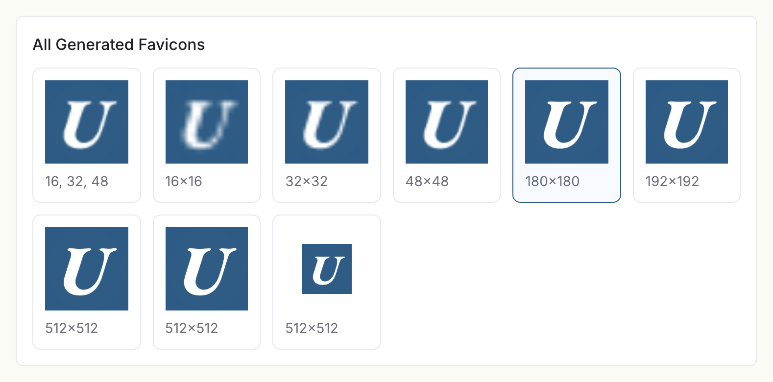 The All Generated Favicons grid, with the same mark rendered at every size from the 16-32-48 ICO through 180x180 and 192x192 up to the three 512x512 variants including the maskable icon