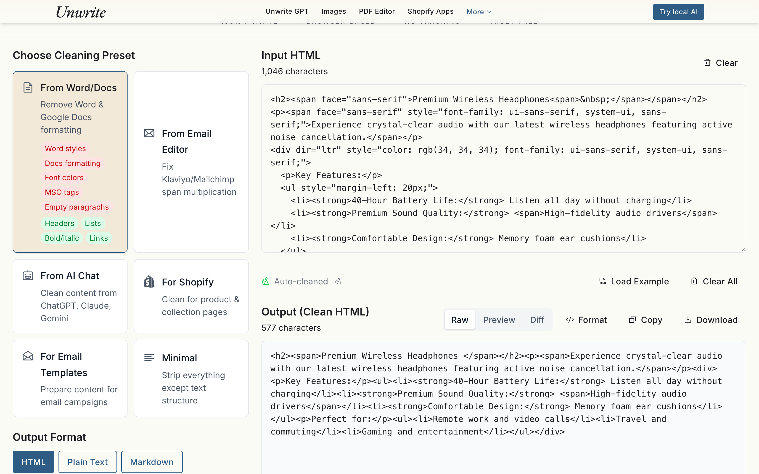 The HTML cleaner with the Word and Docs preset selected, turning 1,046 characters of nested span markup into 577 characters of clean HTML