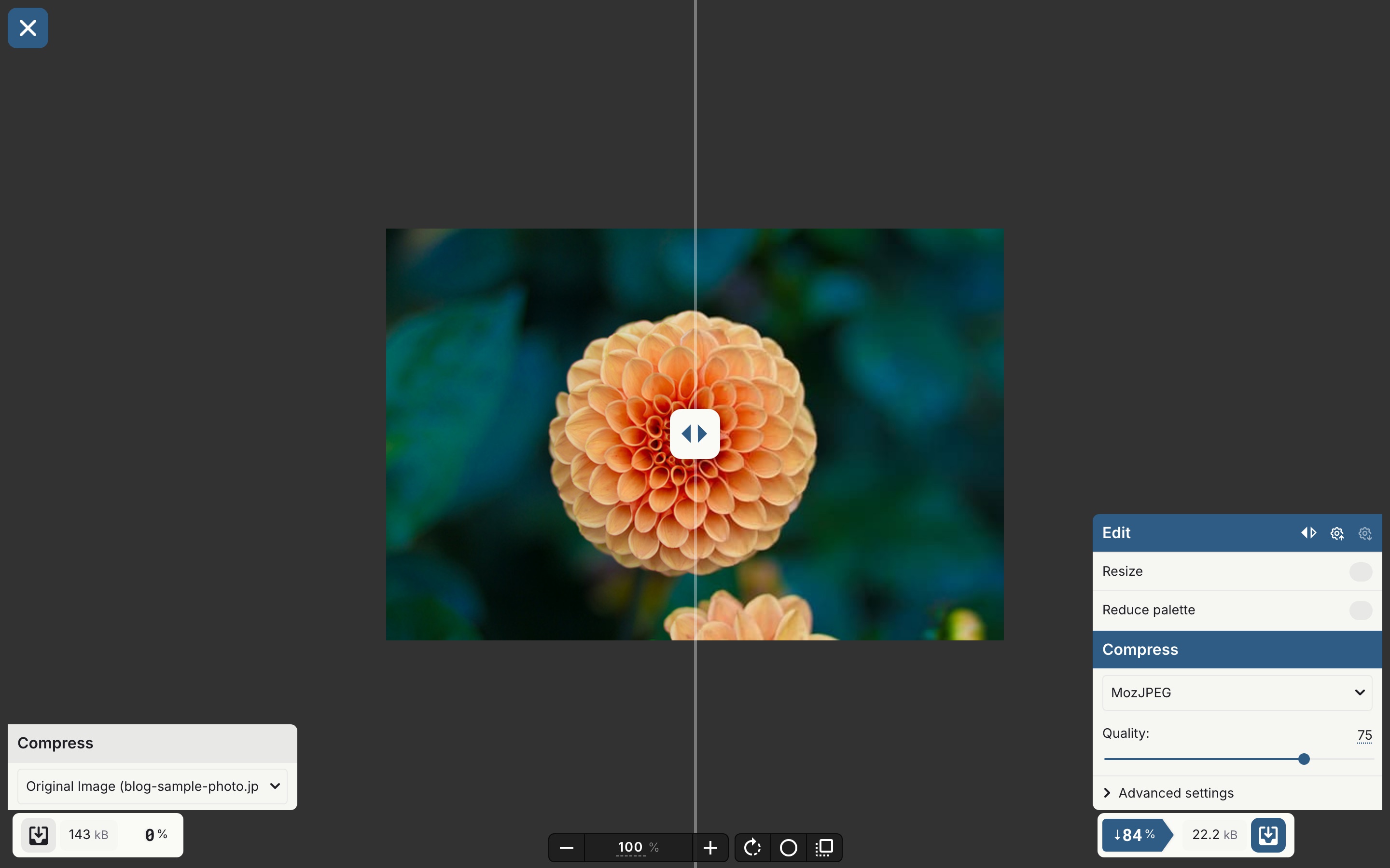 A photograph in the Unwrite Images editor, split down the middle by the before and after slider, with MozJPEG at quality 75 taking it from 143 kB to 22.2 kB