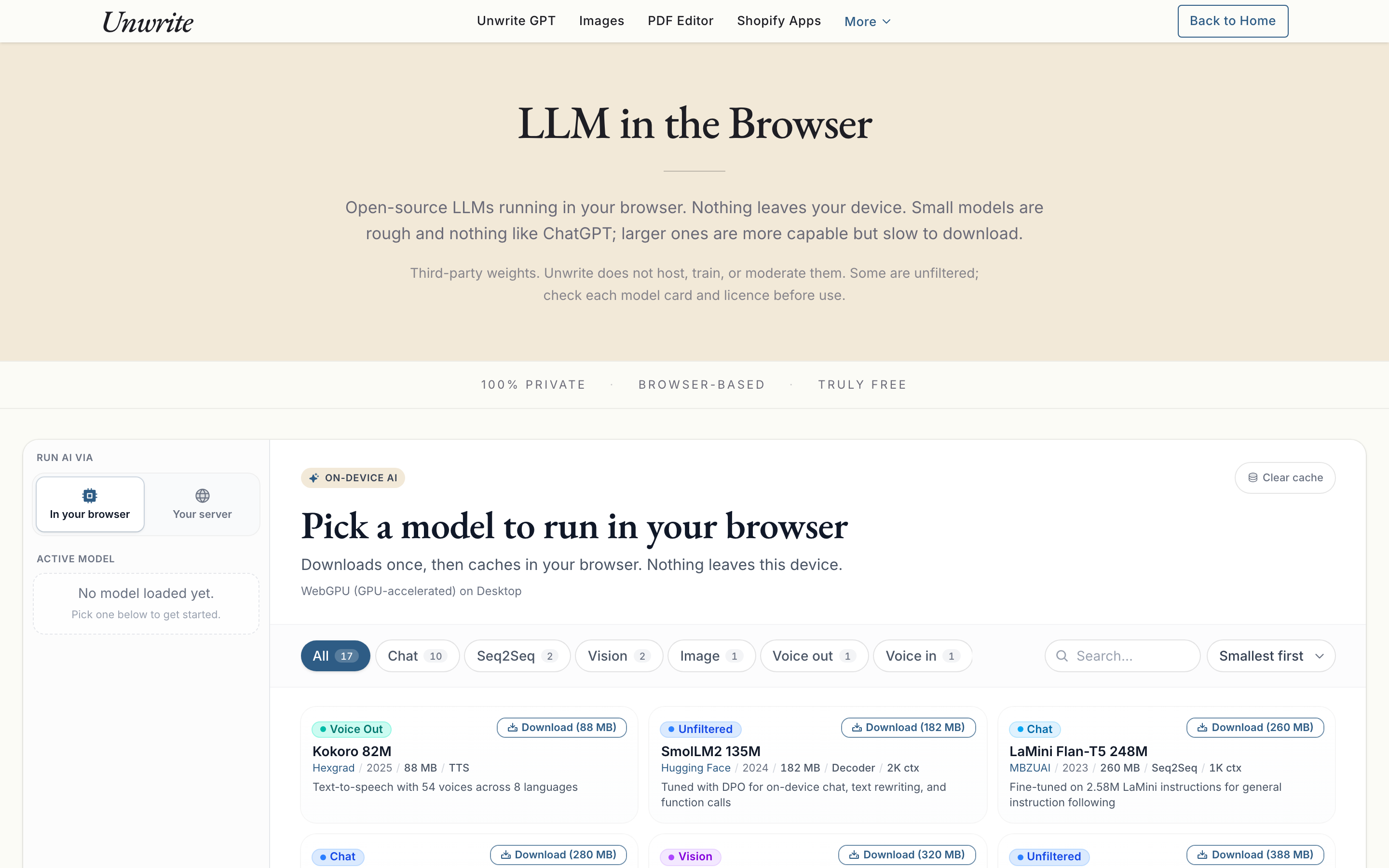 The in-browser LLM page before any model is loaded, showing the browser and server options and the start of the model list