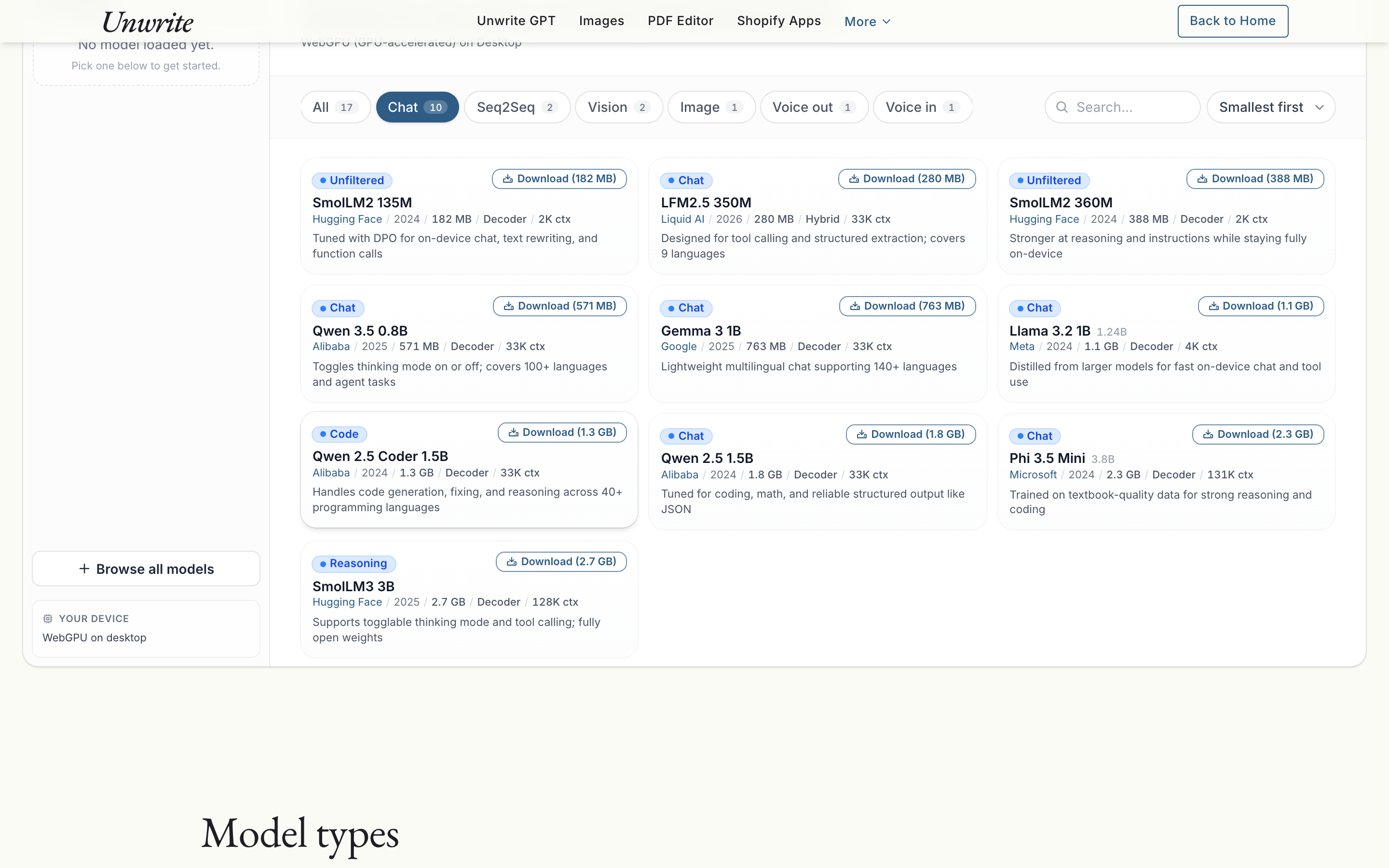 The model picker filtered to chat models, each card listing the creator, year, size, architecture and context window next to its download button