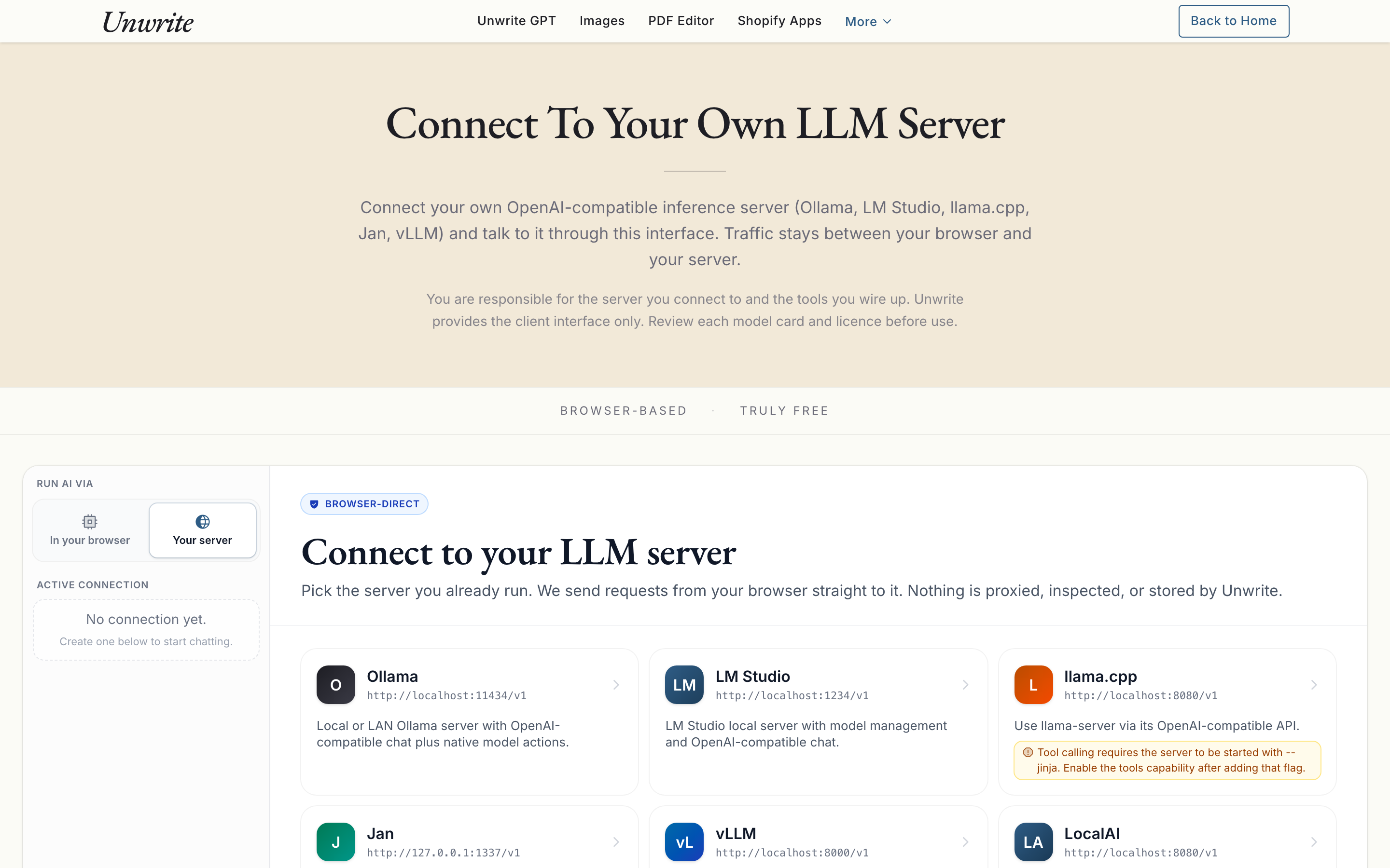 The remote server page listing Ollama, LM Studio, llama.cpp, Jan, vLLM and LocalAI with the local endpoint each one uses by default