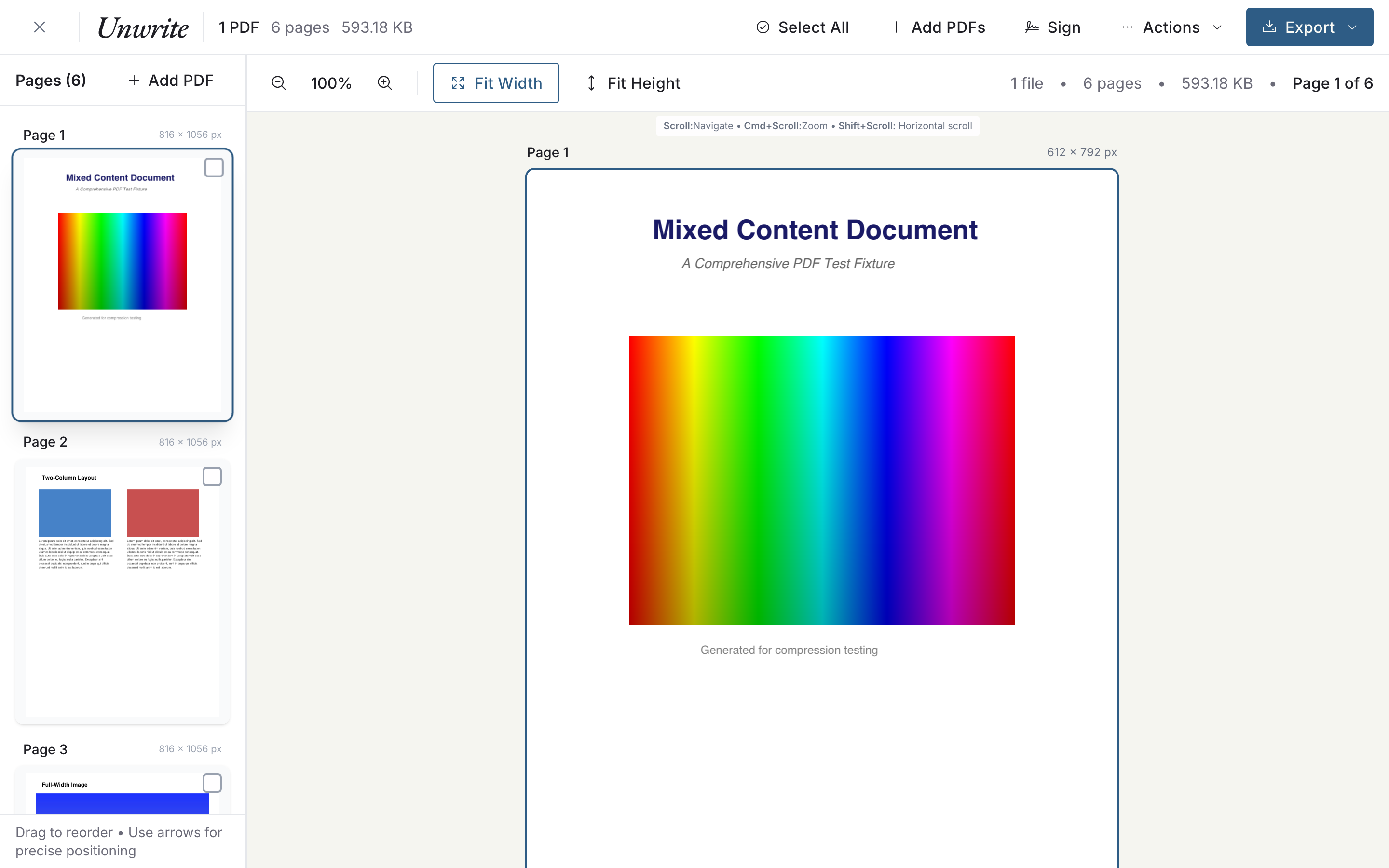 A six-page PDF open in the Unwrite editor, with page thumbnails down the left and the zoom, sign and export controls across the top