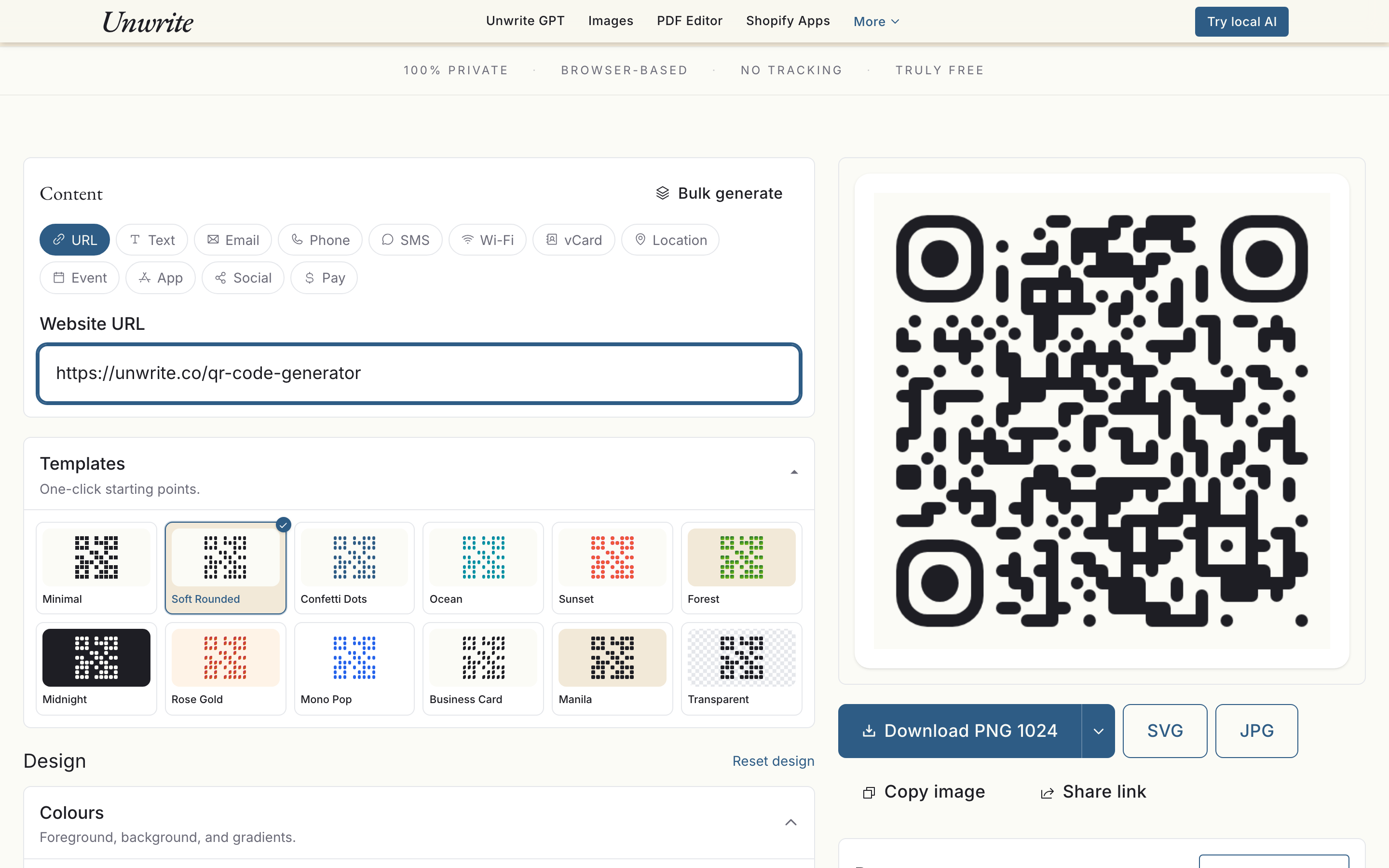 A QR code generated from a URL, with the twelve style templates in the panel beside it and buttons to export as PNG, SVG or JPG
