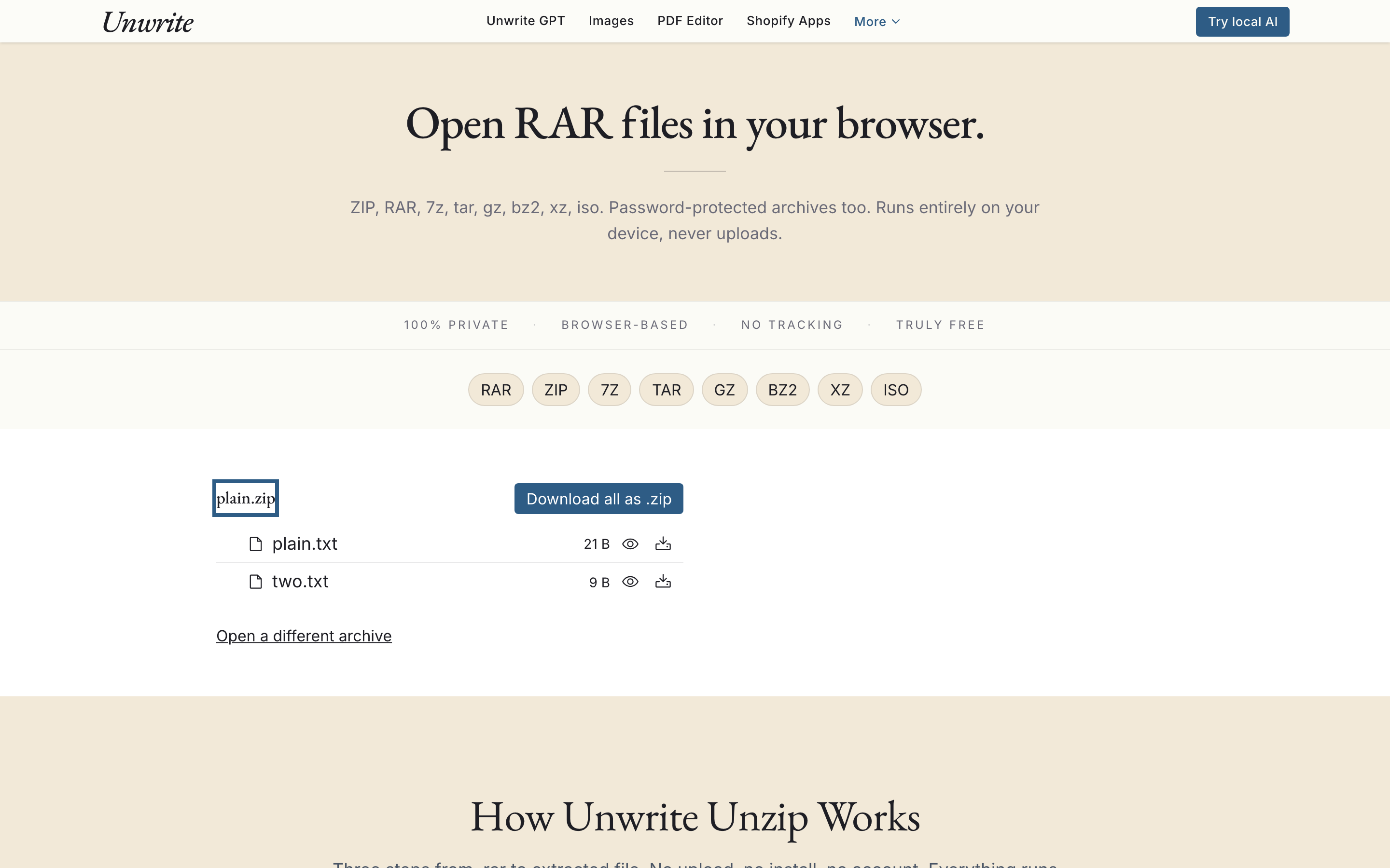 A ZIP file opened in the browser, listing its two text files with their sizes and per-file preview and download buttons