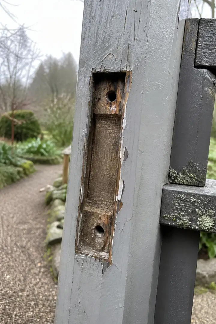 A weathered grey gate post with an empty rectangular mortise cut into it