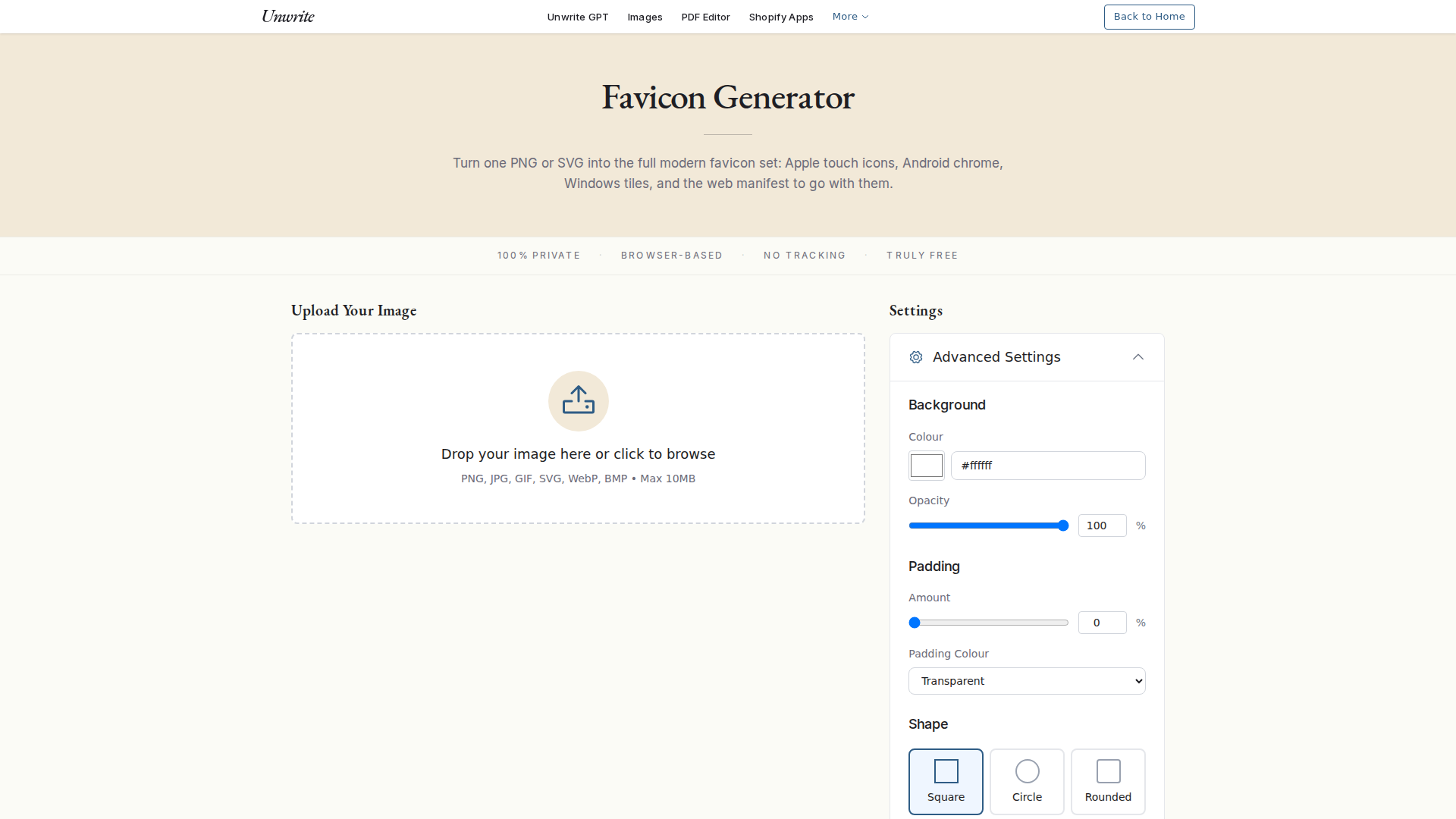 The Unwrite favicon generator before an upload, with the drop zone on the left and the settings panel on the right showing background colour, opacity, padding and shape controls